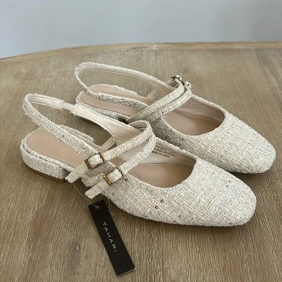 Tahari Tweed Sequin Cream Mary Jane Ballet Flats 7.5 8 - Picture 1 of 8